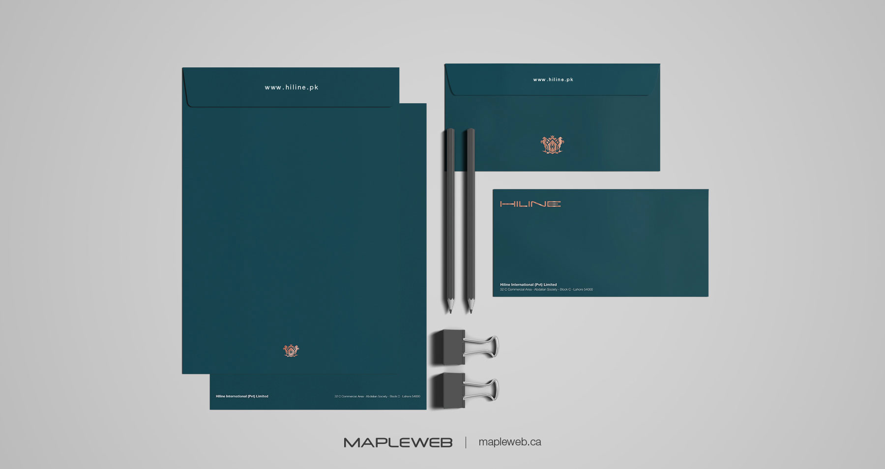 Hiline Letterhead File Cover Envelope and Pencils Brand design by Mapleweb
